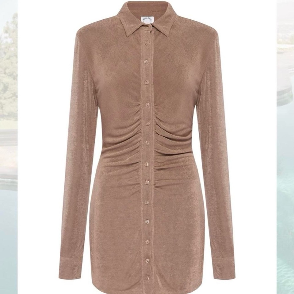 With Jean Taupe Ruched Button-Front Long Sleeve Shirt Dress